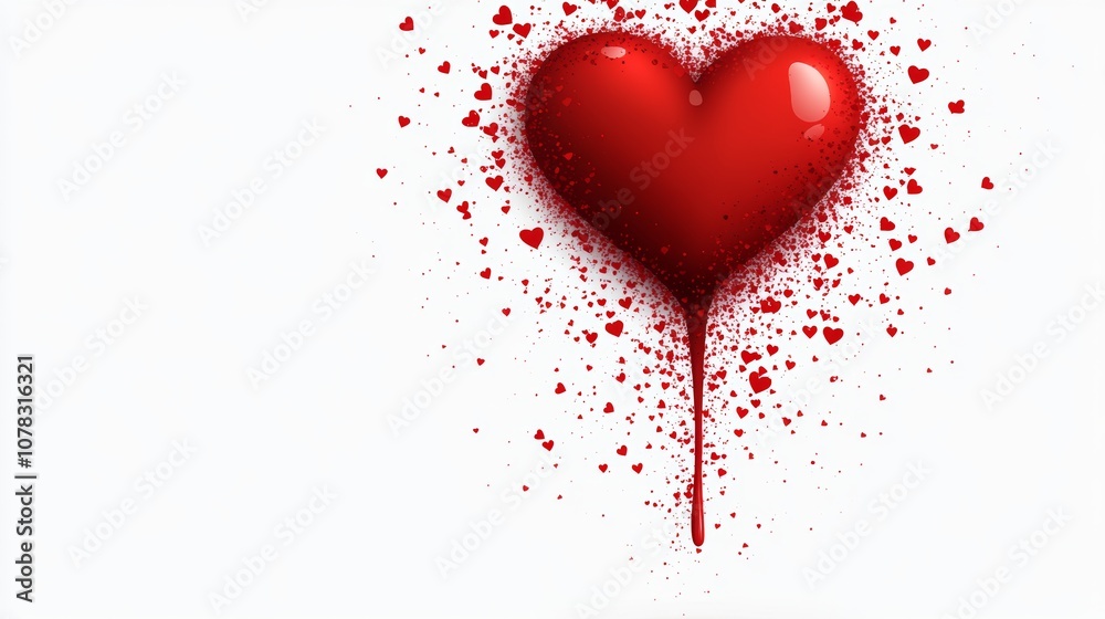Heart with red paint dripping from it. The heart is surrounded by many other hearts, some of which are smaller than the main heart. The painting has a romantic and playful mood Heart with red paint dripping from it. The heart is surrounded by many other hearts, some of which are smaller than the main heart. The painting has a romantic and playful mood