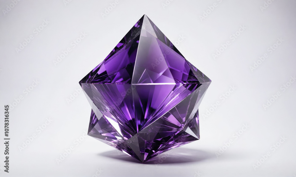 A purple gemstone, cut in a complex geometric shape, sits on a white surface, catching the light A purple gemstone, cut in a complex geometric shape, sits on a white surface, catching the light