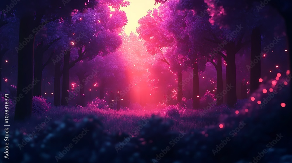 Fototapeta premium Magical anime forest with glowing lights and mystical creatures hiding in the trees