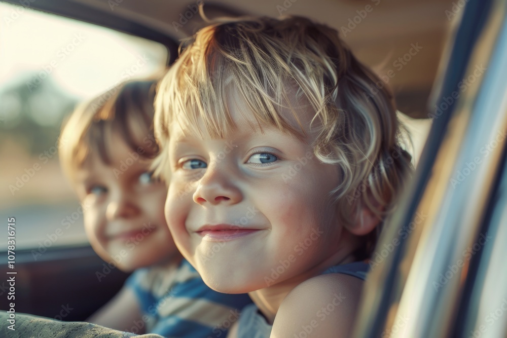 Kids In Car. Family Vacation with Happy Children Traveling Together Kids In Car. Family Vacation with Happy Children Traveling Together
