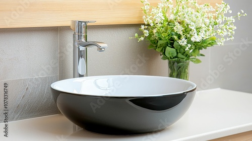 Modern sink design featuring a sleek black bowl, chrome faucet, and a simple flower arrangement in a cozy bathroom setting.