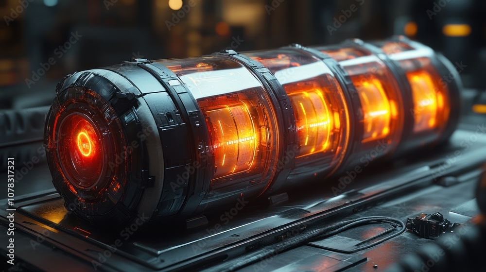 Futuristic energy core with glowing elements in a tech setting. Futuristic energy core with glowing elements in a tech setting.