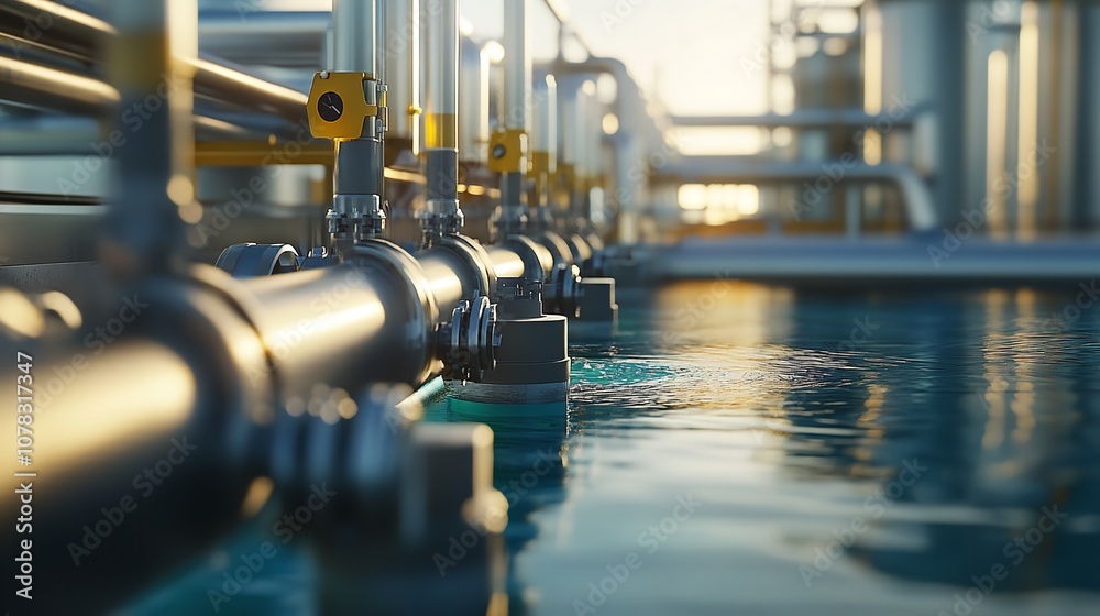 Industrial water treatment plant with metal pipes and machinery. Efficient infrastructure for processing and purifying water.