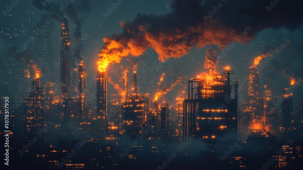 Fototapeta premium Destructive industry fires illuminate urban landscape at night highlighting the impact of pollution
