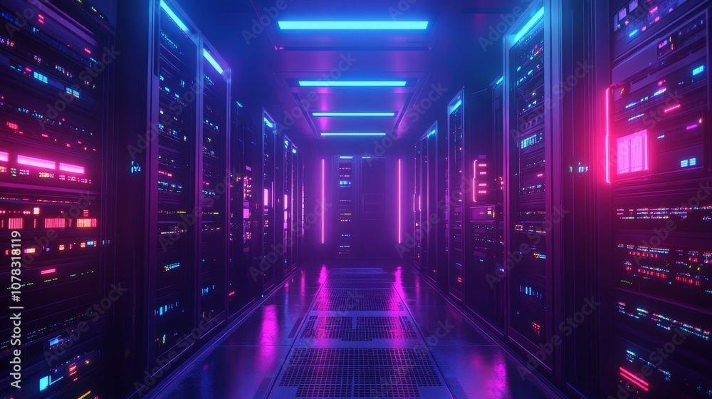 Explore the fascinating world of data centers technology's backbone illuminated in neon colors Explore the fascinating world of data centers technology's backbone illuminated in neon colors