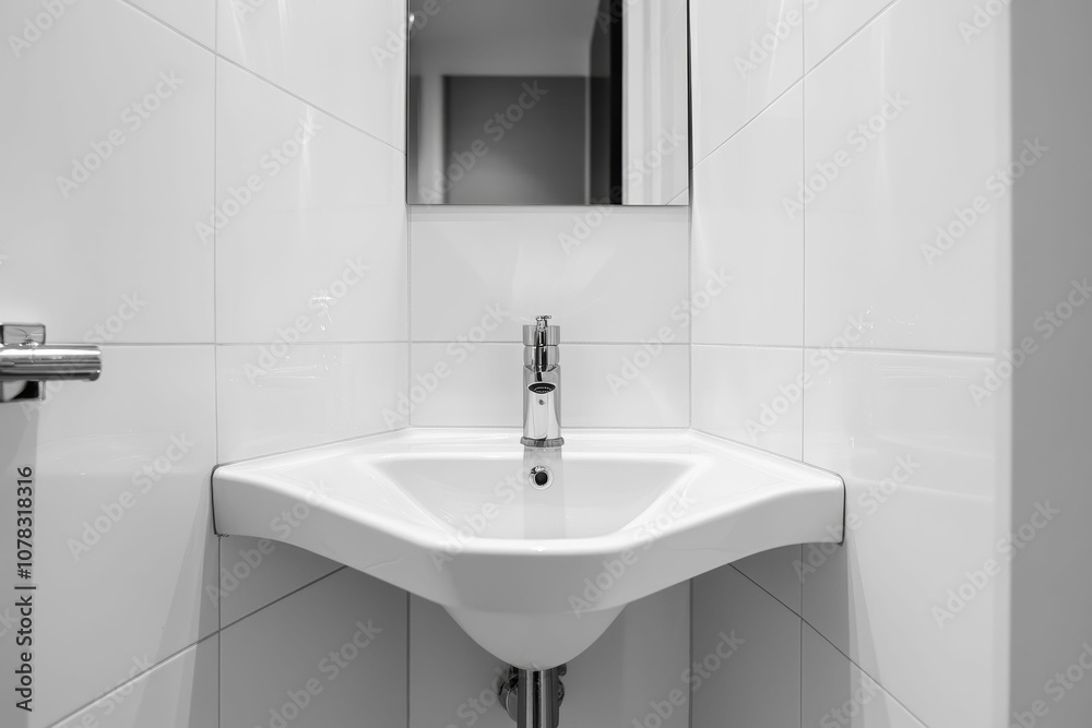 White sink and chrome faucet in tiled bathroom. White sink and chrome faucet in tiled bathroom.
