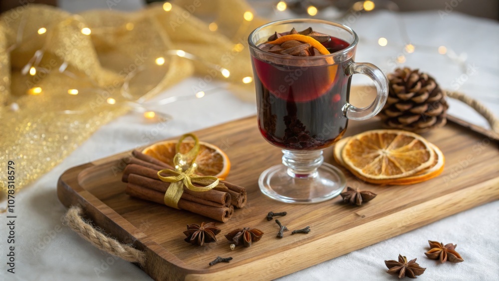 A close-up of a hot smoking mulled wine on a wooden tray, an orange slice on the glass, golden ribbons, pine cones, cinnamon sticks, dried orange slices lying nearby