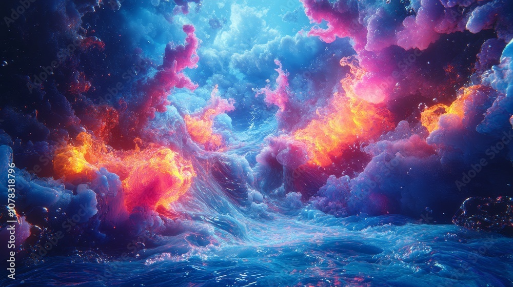 Explore the stunning beauty of fiery clouds and ocean waves in a vivid abstract landscape Explore the stunning beauty of fiery clouds and ocean waves in a vivid abstract landscape