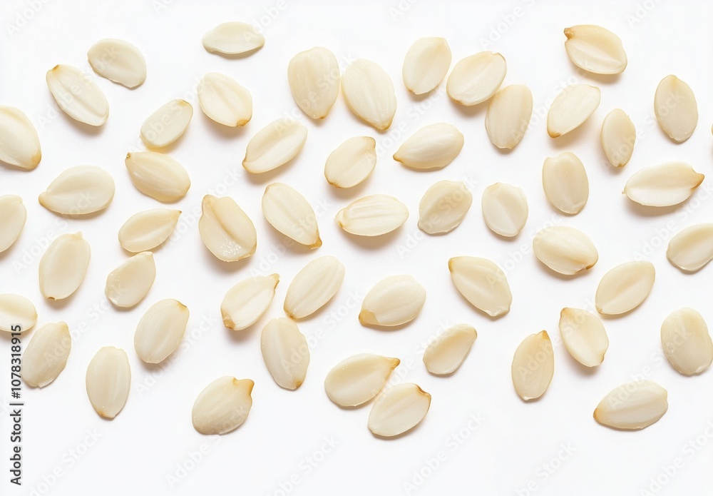 Scattered light yellow pumpkin seeds on a white background showcasing natural texture Scattered light yellow pumpkin seeds on a white background showcasing natural texture