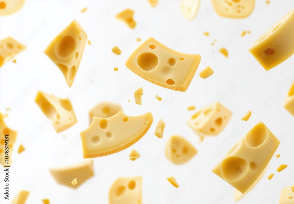 Sliced cheese pieces floating in mid-air against a clean white background Sliced cheese pieces floating in mid-air against a clean white background
