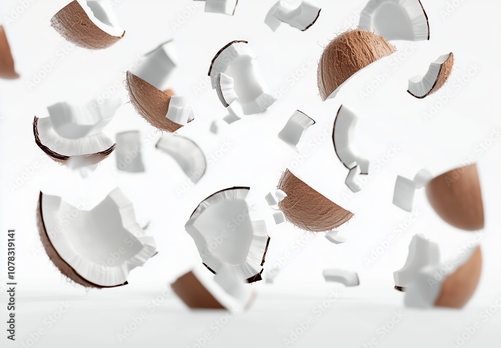 Coconut pieces scattered on a white surface highlighting their natural texture and shape Coconut pieces scattered on a white surface highlighting their natural texture and shape