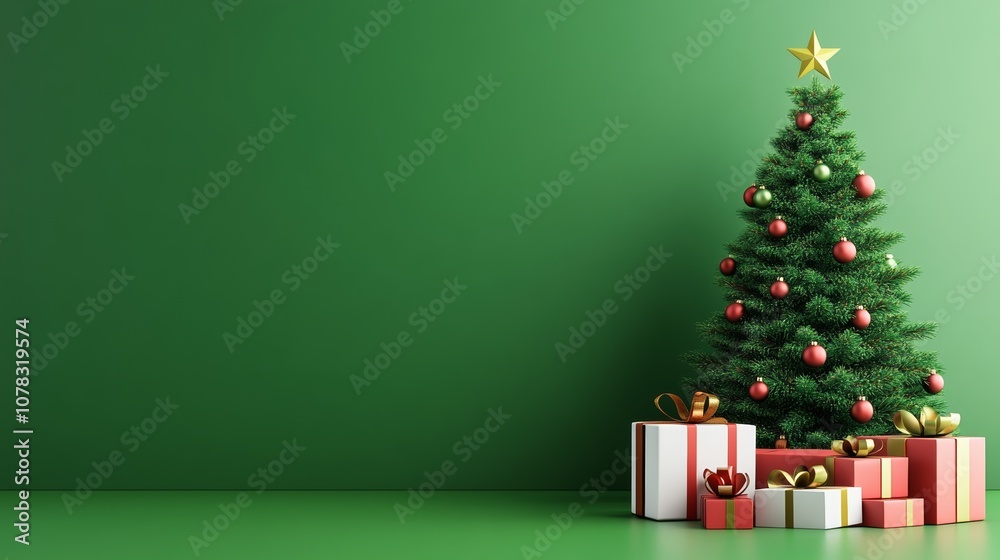 Christmas tree with many ornaments sits in front of a green wall. The tree is surrounded by several boxes, which are likely gifts. The scene conveys a festive and joyful mood Christmas tree with many ornaments sits in front of a green wall. The tree is surrounded by several boxes, which are likely gifts. The scene conveys a festive and joyful mood