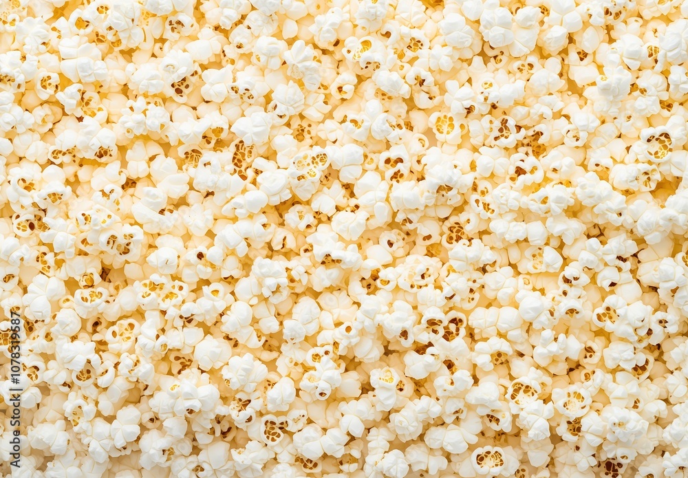 Freshly popped popcorn scattered on a clean white surface ready for snacking Freshly popped popcorn scattered on a clean white surface ready for snacking