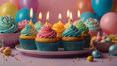 Colorful cupcakes with candles for birthday celebrations