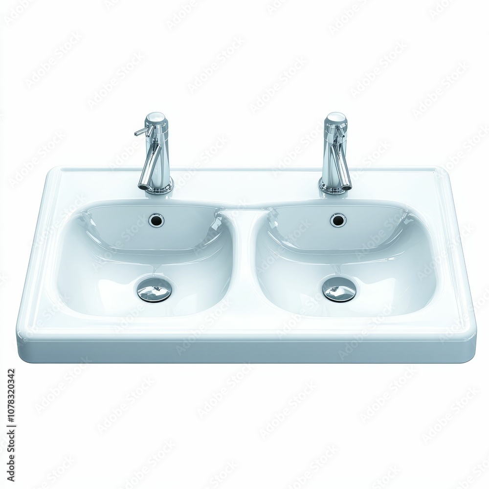 Fototapeta premium White double sink with chrome faucets.