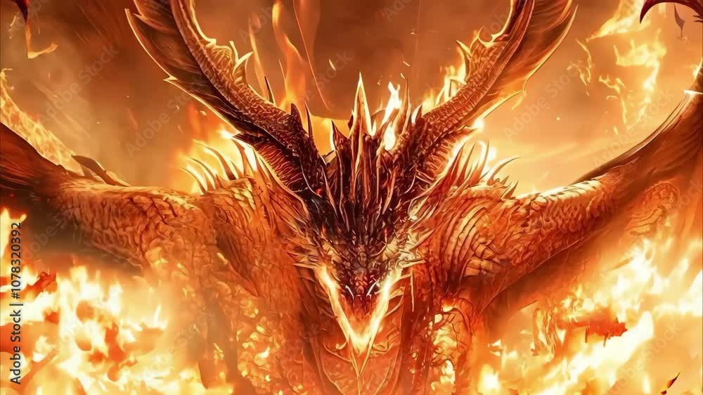 A fantastical dragon breathing fire, with powerful wings and a fierce expression, surrounded by flames and molten elements.