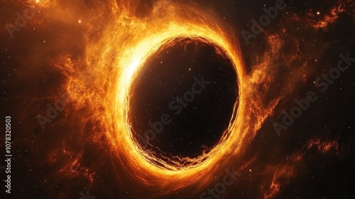 A glowing orange ring of fire surrounds a dark, circular object in the middle of a vast, starry sky.