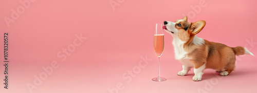 curious pembroke corgi dog licking a tall glass of rose champagne isolated pink background