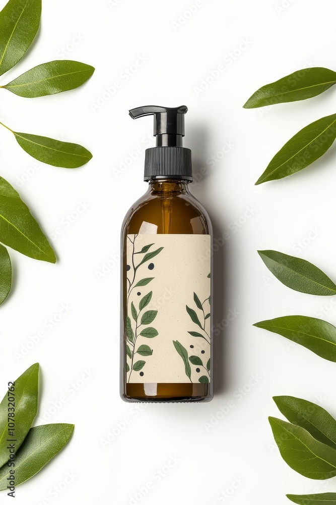 Amber bottle with leaves and white background. Amber bottle with leaves and white background.