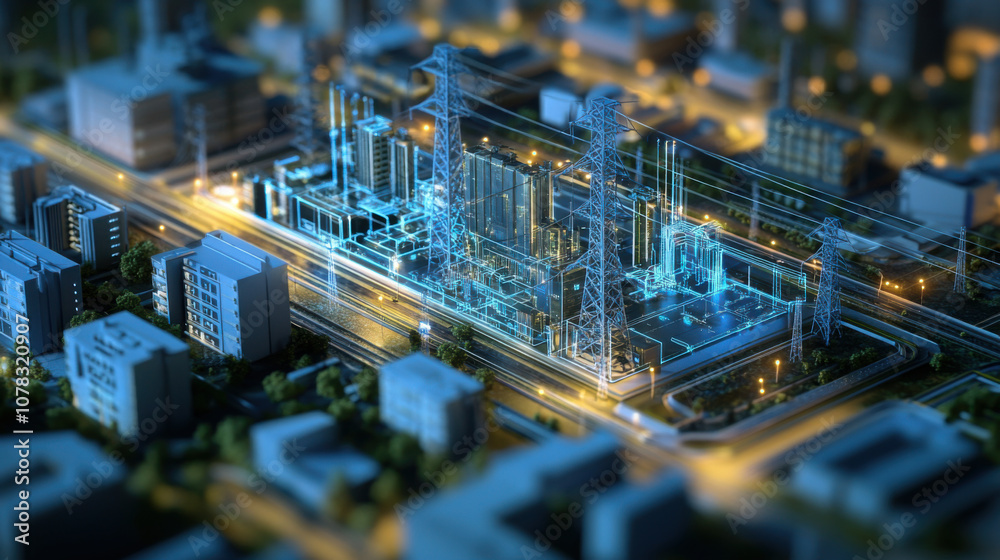 Obraz premium futuristic smart grid technology landscape showcasing electrical infrastructure with glowing elements. scene captures essence of modern energy solutions in urban setting