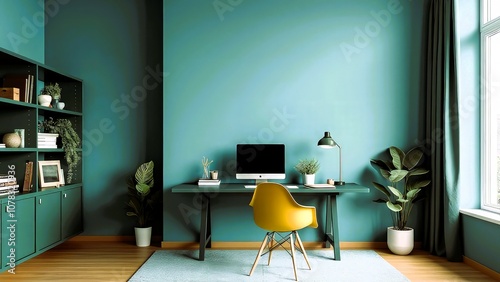 A minimalist home office with a soft blue accent wall, featuring a sleek dark teal desk, clean lines, and simple decor