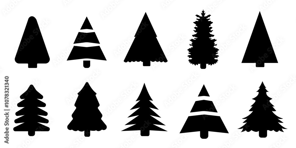 Fototapeta premium Christmas tree black silhouette set. Vector decorative shapes.