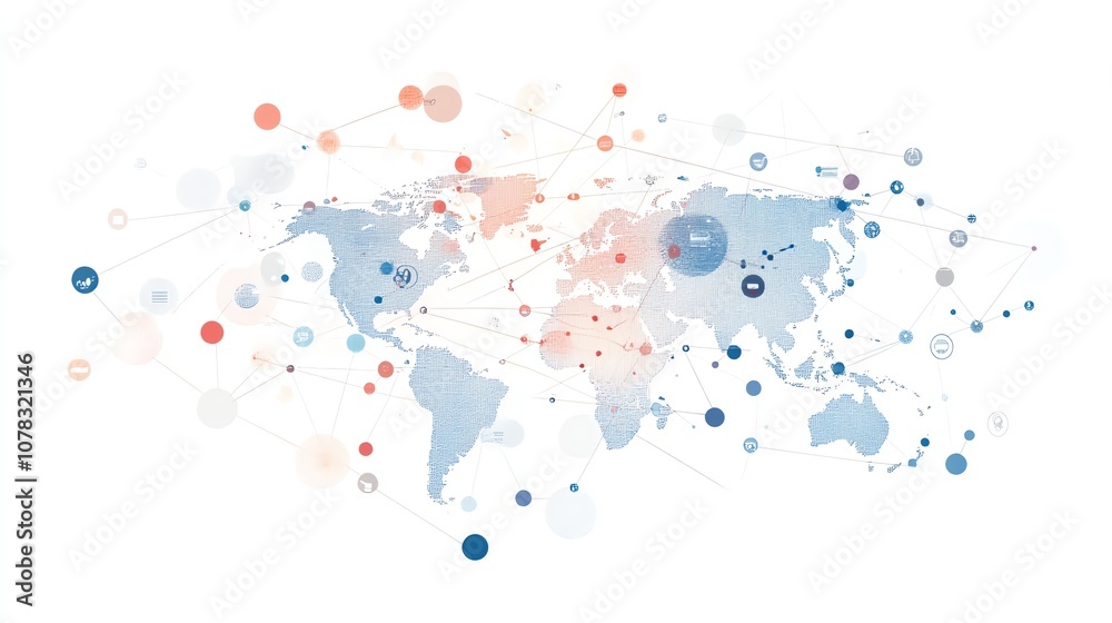 Fototapeta premium Visual representation of a global network with linked business nodes, highlighting collaborative human resources on international platforms