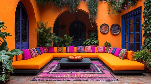 A vibrant outdoor seating area enclosed by an ornate wooden pergola. Orange sheer curtains and hanging lanterns create a warm, inviting ambiance. photo