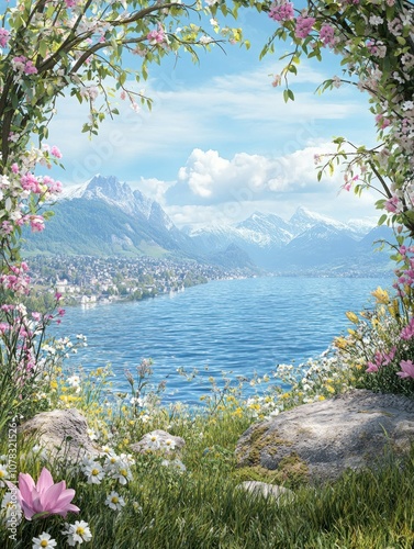 A serene landscape featuring a lake, mountains, and blooming flowers under a clear sky.