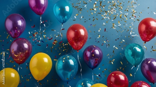 Colorful party balloons and confetti on blue background