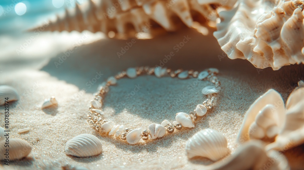 A bohemian shell necklace with cowrie shells, displayed on a soft background, capturing the beach-inspired look A bohemian shell necklace with cowrie shells, displayed on a soft background, capturing the beach-inspired look