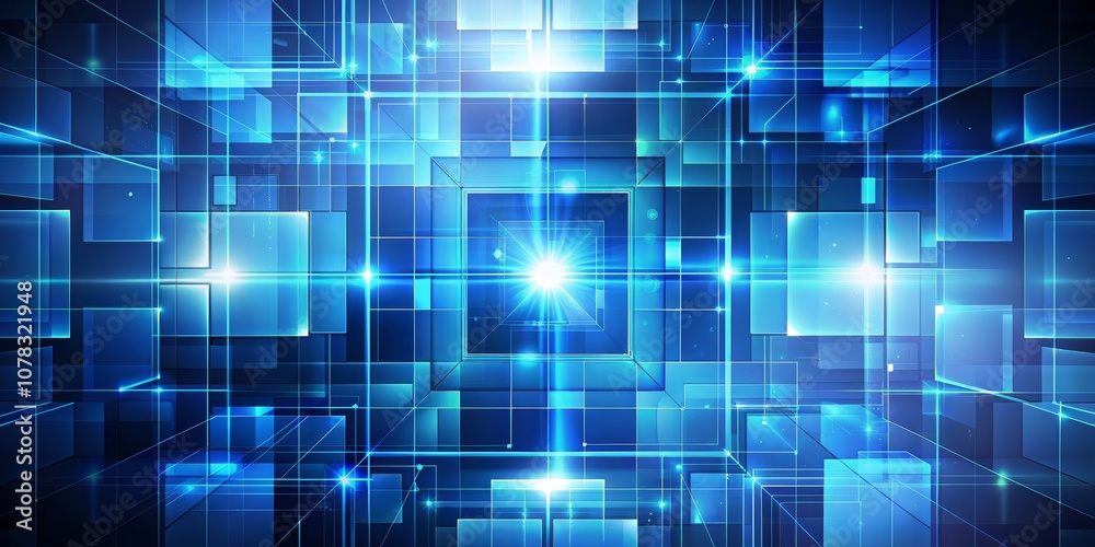 Blue Grid with Glowing Lines and Light Source in Center Abstract Digital Network Concept Blue Grid with Glowing Lines and Light Source in Center Abstract Digital Network Concept