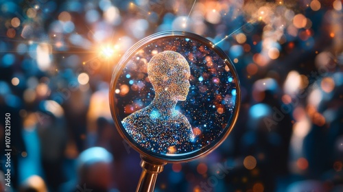 Magnifying glass is revealing a sparkling digital human silhouette, symbolizing the search for individuality and unique talent within a large, blurred crowd in a vibrant, bokeh-filled environment