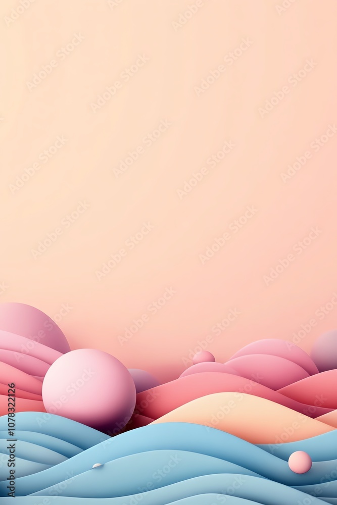 Fototapeta premium Abstract pastel waves and spheres create a surreal dreamy landscape in soft hues.