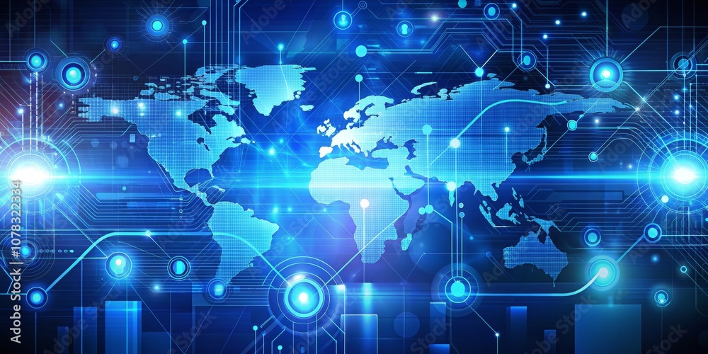Global Network Connectivity - Digital World Map with Abstract Circuit Board and Glowing Nodes Global Network Connectivity - Digital World Map with Abstract Circuit Board and Glowing Nodes