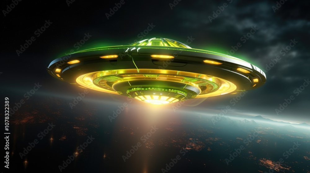 mystery futuristic ufo in night sky mystery futuristic ufo in night sky