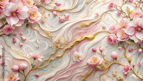 Golden Branches and Delicate Blossoms on Marble Swirls A 3D Floral Design