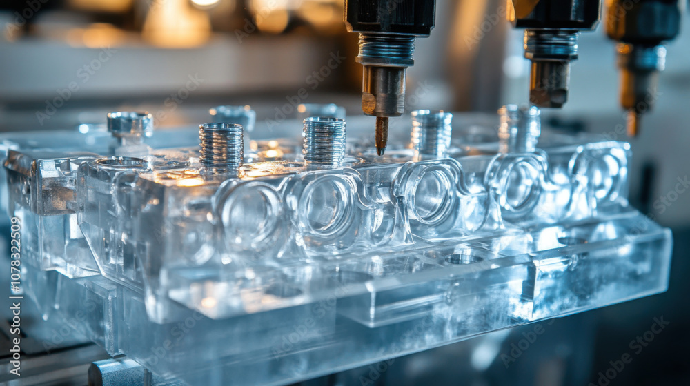 High precision injection molding process showcasing clear plastic components. image captures intricate details of mold and machinery involved in manufacturing High precision injection molding process showcasing clear plastic components. image captures intricate details of mold and machinery involved in manufacturing