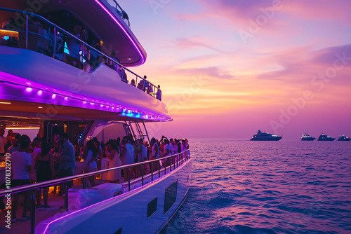 People enjoying a sunset party on a yacht with purple neon lights reflecting on the water creating a lively and luxurious atmosphere
