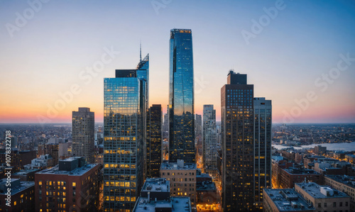 A view of the city skyline at sunset, with skyscrapers and a pink sky