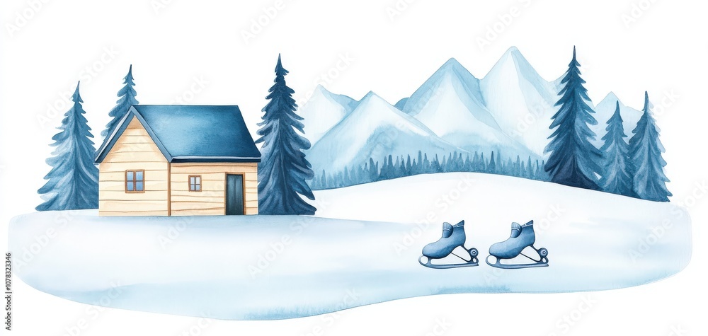 Fototapeta premium A serene winter landscape featuring a cozy cabin, snow-covered ground, evergreen trees, and distant mountains under a blue sky.