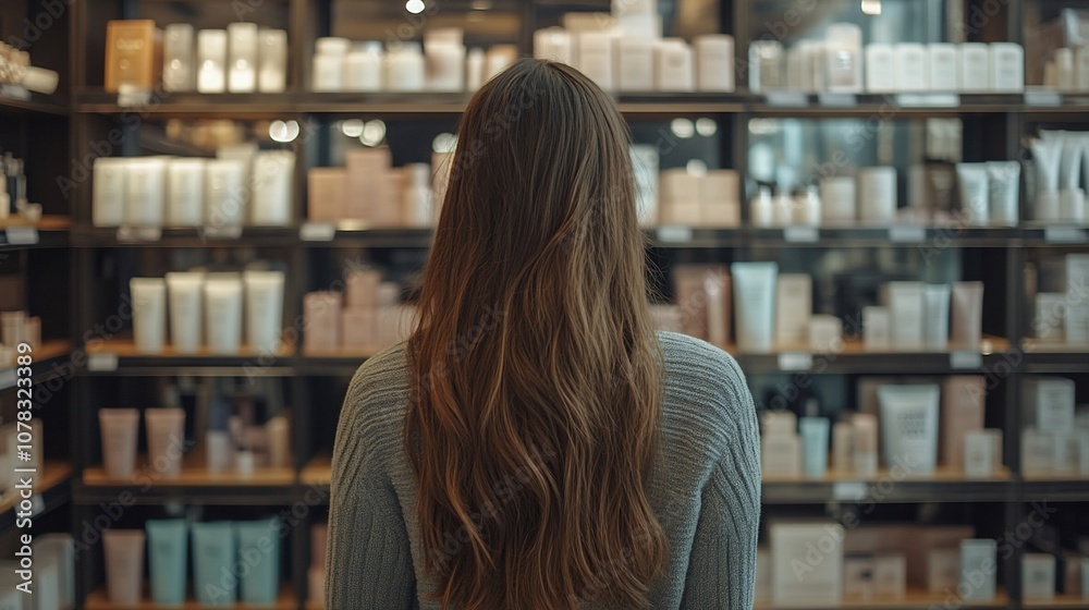 Woman looking at beauty products on shelves in a store. Woman looking at beauty products on shelves in a store.