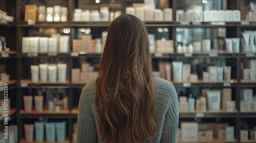 Woman looking at beauty products on shelves in a store.