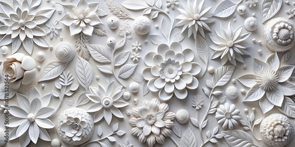 White Floral 3D Papercraft - A Monochromatic Garden of Delicate Flowers and Leaves White Floral 3D Papercraft - A Monochromatic Garden of Delicate Flowers and Leaves