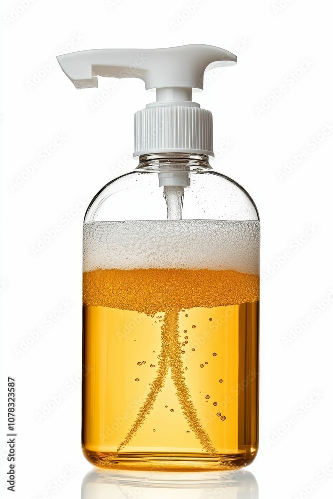 A bottle of liquid soap with bubbles.