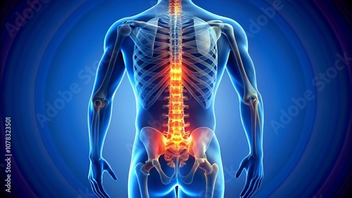 3D Render of Male Anatomy with Lower Back Pain, Blue and Orange Hues, Painful Spinal Column, Posterior View