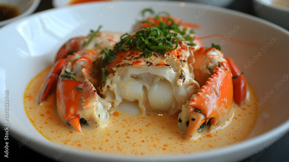 A delightful serving of steamed egg crab, showcasing the creamy interior filled with fresh milk and topped with a vibrant spicy seafood sauce,
A delightful serving of steamed egg crab, showcasing the creamy interior filled with fresh milk and topped with a vibrant spicy seafood sauce,