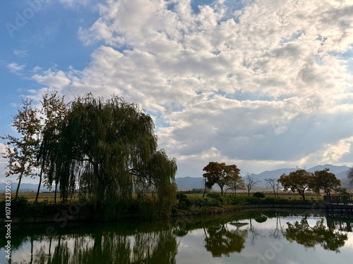 Panoramic view of a small lake seen from the Millennium Forest in Gyeongju