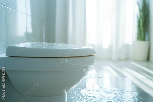 Toilet overflowing, water flooding bathroom floor. photo