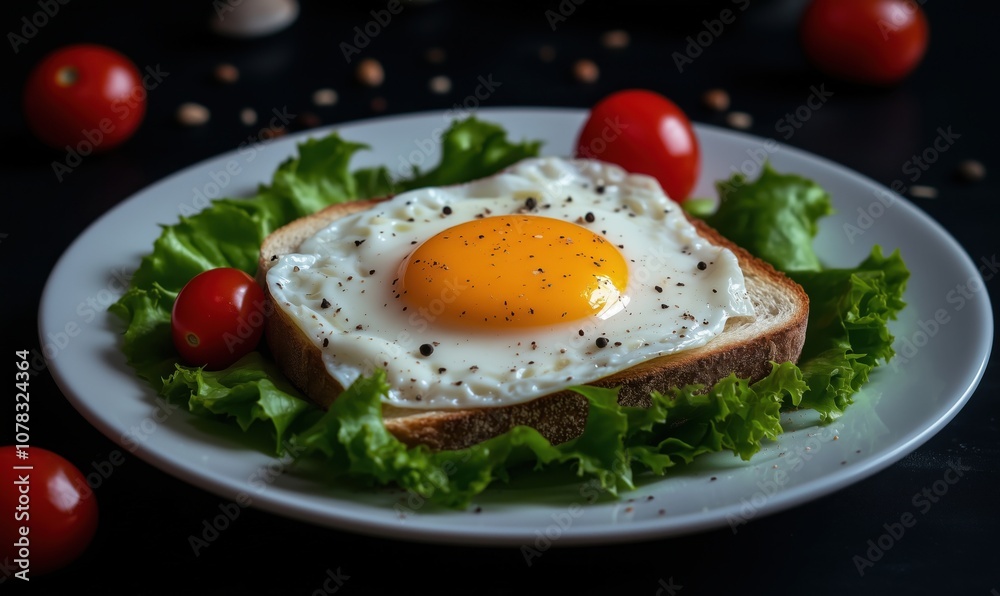 Fried egg on toast with lettuce and cherry tomatoes, garnished with pepper Fried egg on toast with lettuce and cherry tomatoes, garnished with pepper